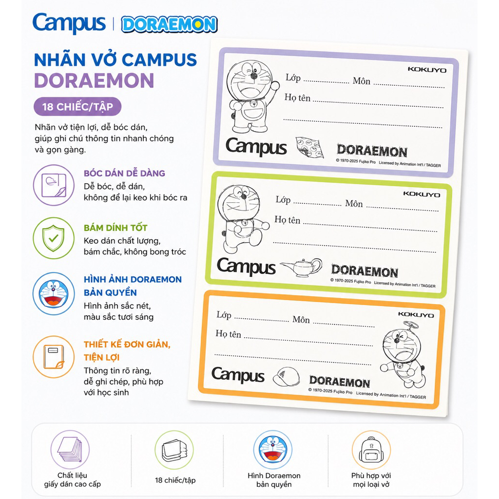 Combo 2/3 tập Nhãn vở nhỏ gọn Campus Doraemon 35x75mm (18 chiếc/tập)