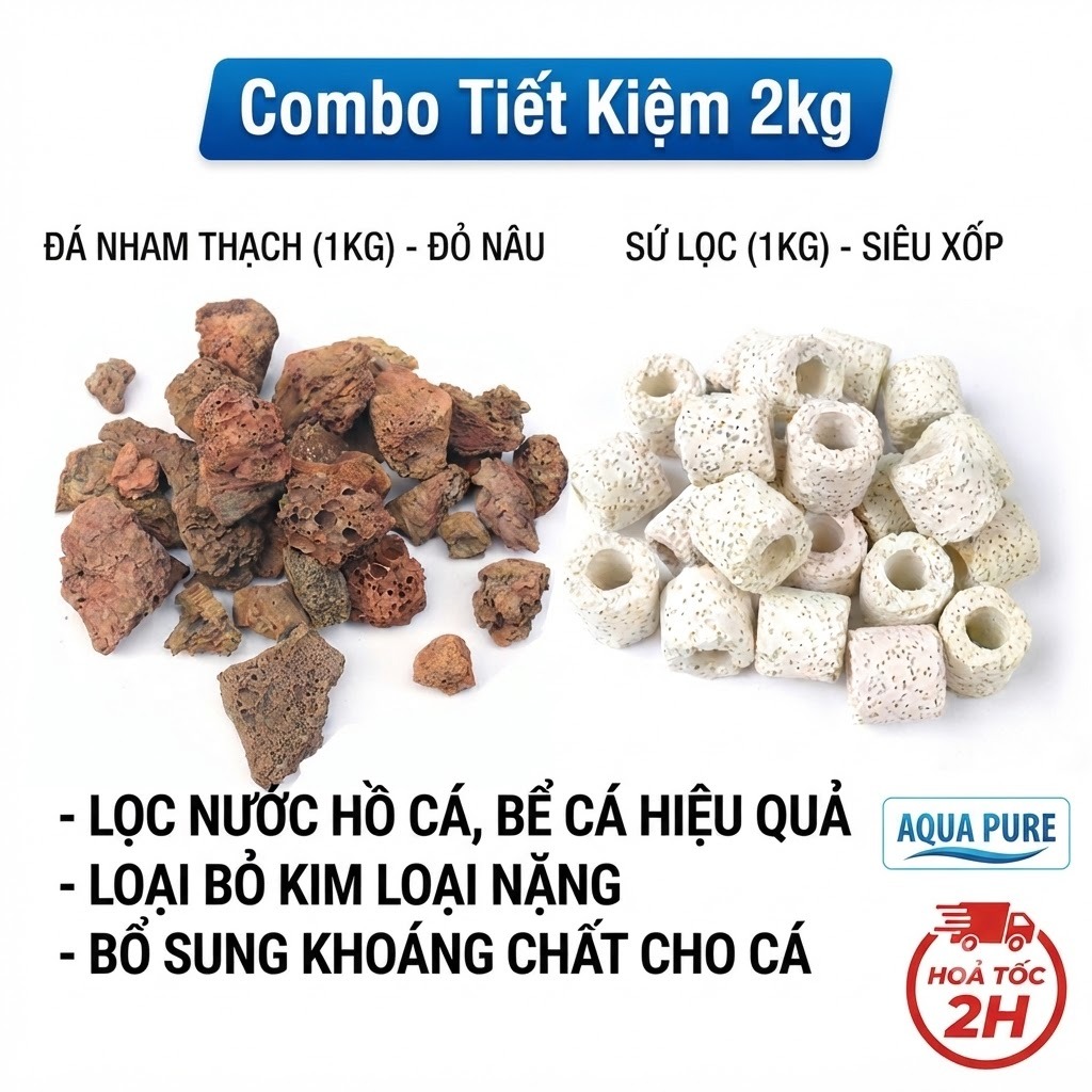 Combo 1kg Đá Nham Thạch + 1kg Sứ Lọc Đẹp Lọc Nước Hồ Cá, Bổ Sung Khoáng Chất