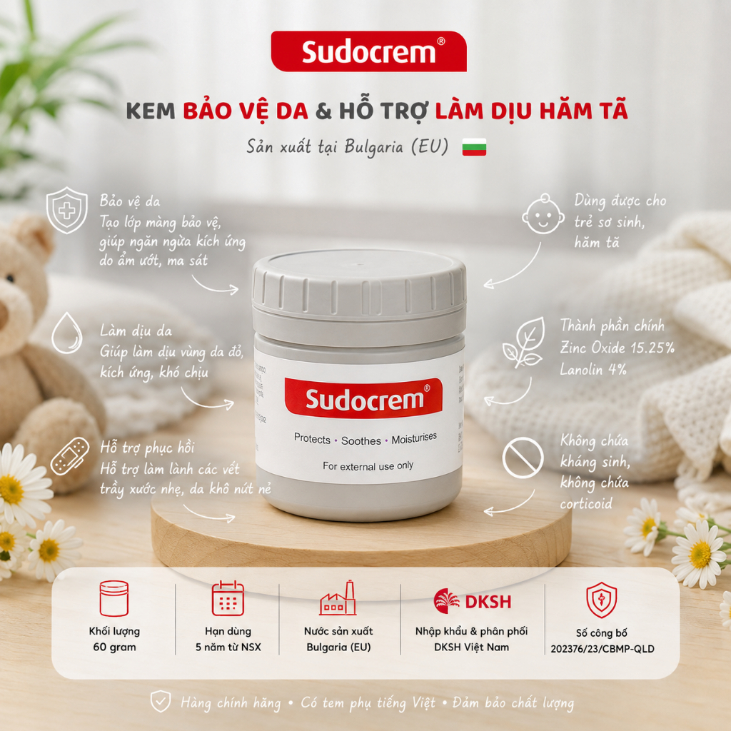 Kem hăm Sudocrem 60g Chính Hãng DKSH Bulgaria Kem Bảo Vệ Da Cho Bé Hỗ Trợ Hăm Tã Trầy Xước Da Khô