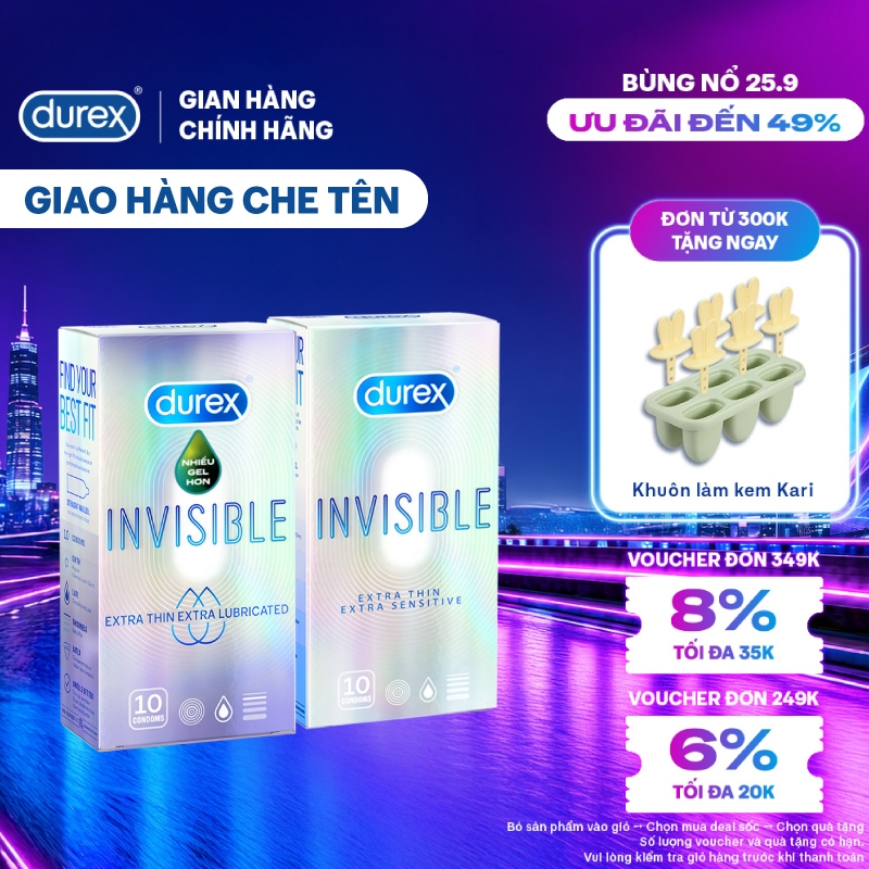 COMBO DUREX INVISIBLE LUBRICATED và DUREX INVISIBLE EXTRA THIN EXTRA SENSITIVE (10 BAO/HỘP; 52MM)