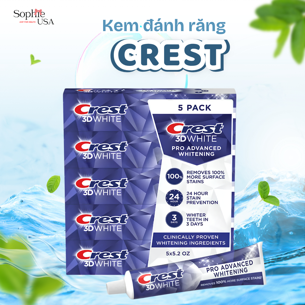 (HOẢ TỐC) KEM ĐÁNH RĂNG CREST 3D WHITE PRO ADVANCED WHITENING (TUÝP 147G)