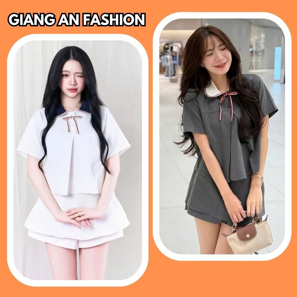 [Sẵn Hàng / Tặng Nơ] Set Áo Sơ Mi Cổ Cải Phối Viền Màu Kèm Quần Váy Siêu Xinh