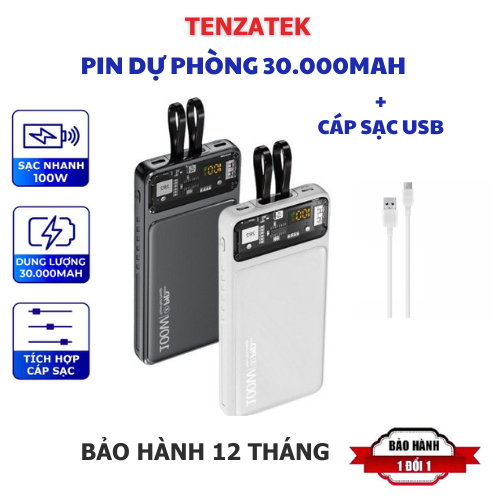 Sạc Dự Phòng 30000mah Sạc Nhanh Màn Hình Led, Tích Hợp 2 Đầu Sạc Tiện Dụng, Sạc Cho Iphone Và Android