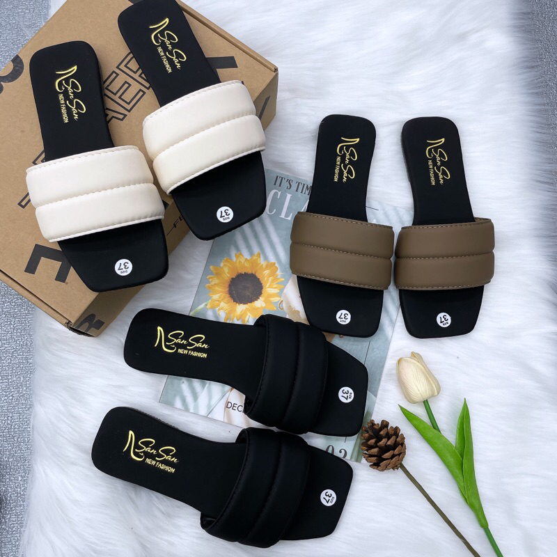 San San Dép Nữ Quai Ngang 2M1D Sẻ Giữa Đế Bệt Sang Trọng GiàY Shoes dép da nữ thời trang