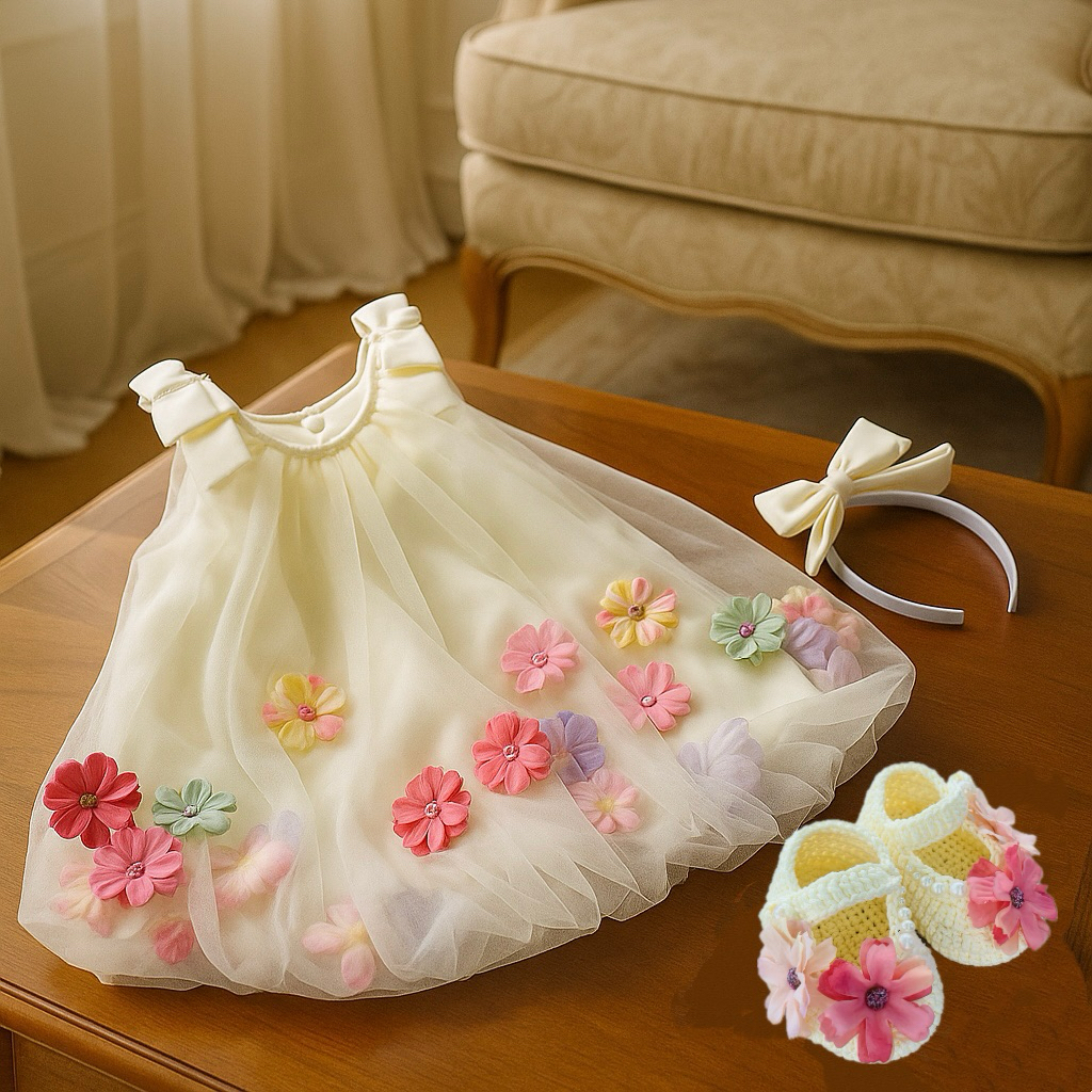 [TẶNG TÚI CÓI- ĐỘC QUYỀN] Váy Chứ A Dáng Bí Phối Lưới Hoa Tự Do Có Đính Hoa Nổi 4-16kg