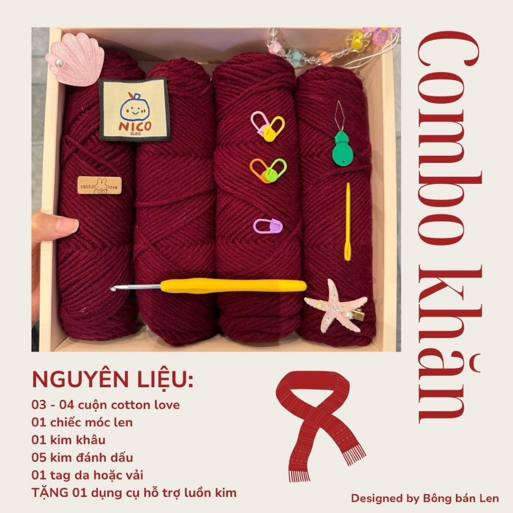 [Bông bán Len] Combo Khăn Len Cotton Love Set Đan Khăn Len Ống Handmade Phong Cách Hàn Quốc Gói Nguyên Liệu Đan Khăn Cro