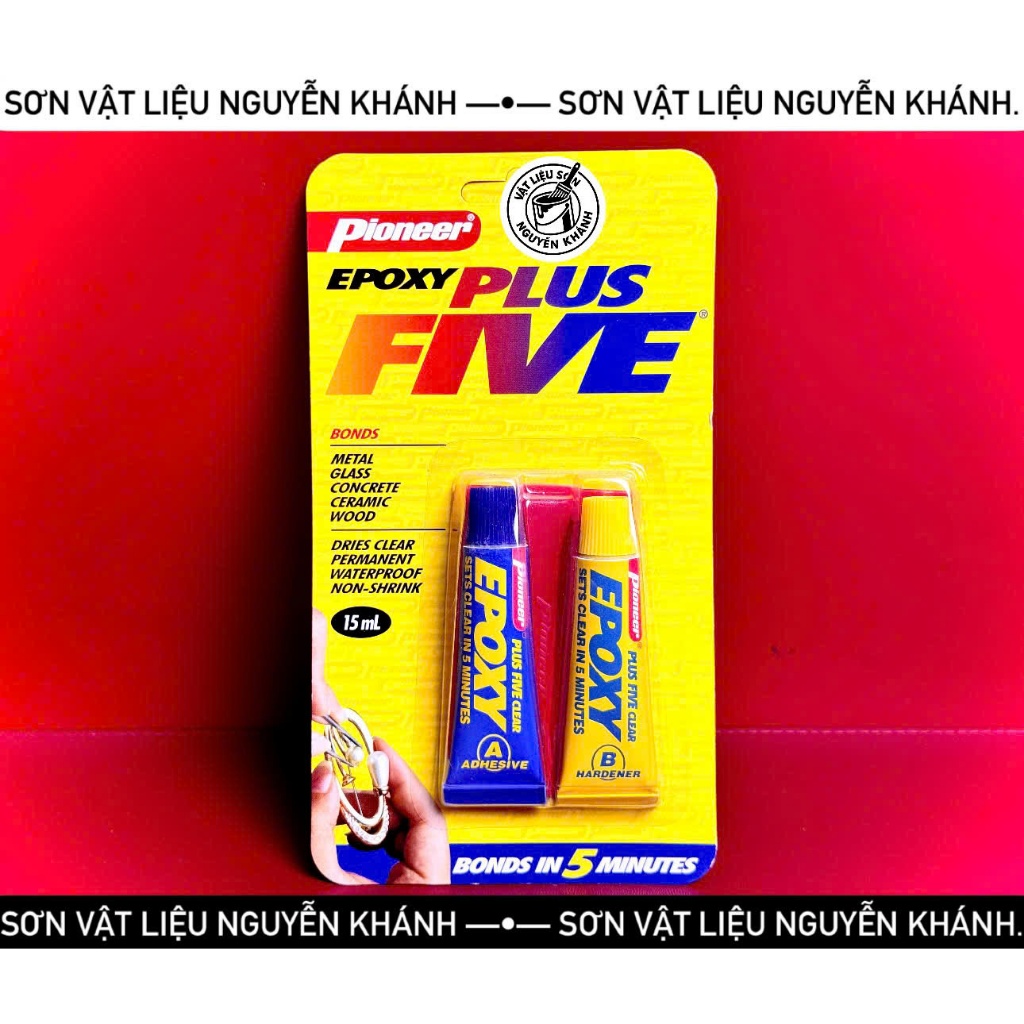 Keo dán Epoxy 2 thành phần Pioneer Plus Five – màu xám & trong, chịu nhiệt 300°C, dán kim loại, kính, gỗ, bê tông