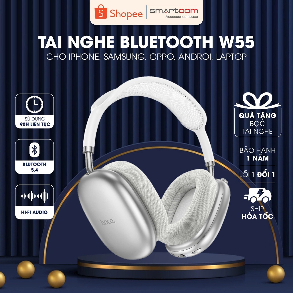 [Tặng bọc tai nghe] Tai nghe chụp tai W55 Plus Hoco pin 90 tiếng bass mạnh có dây đi kèm