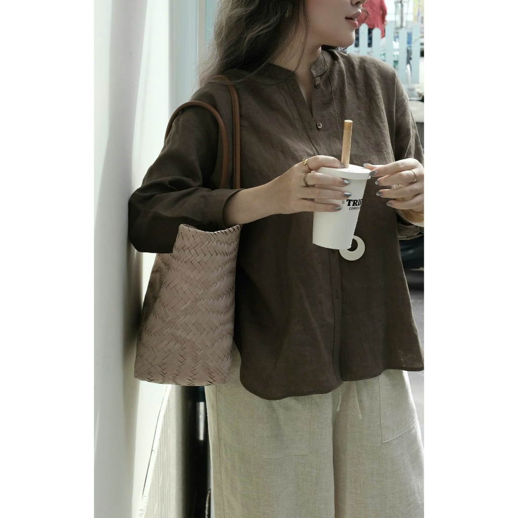 𝗠𝗔𝗬 𝗟𝗜𝗡𝗘𝗡 - Áo sơ mi nữ Linen tưng Premium, áo form cơ bản cổ trụ,cổ tàu