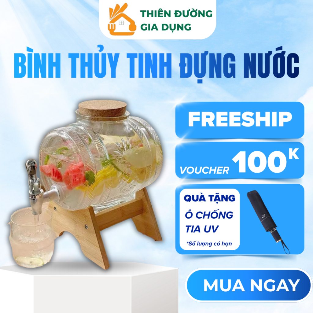Bình Thủy Tinh Đựng Nước Có Vòi Kèm Chân Gỗ, Dung Tích 1L 3L, Bình Ngâm Hoa Quả Cao Cấp