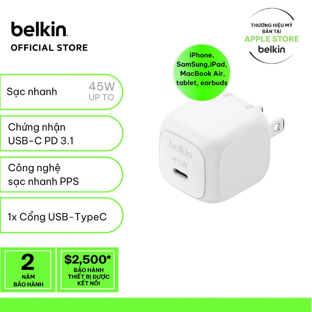 Củ sạc nhanh Belkin Boost Charge 45w chuẩn USB-C PD 3.1 PPS nhỏ gọn 1 cổng USB-C tương thích iPhone/iPad bảo hành 2 năm