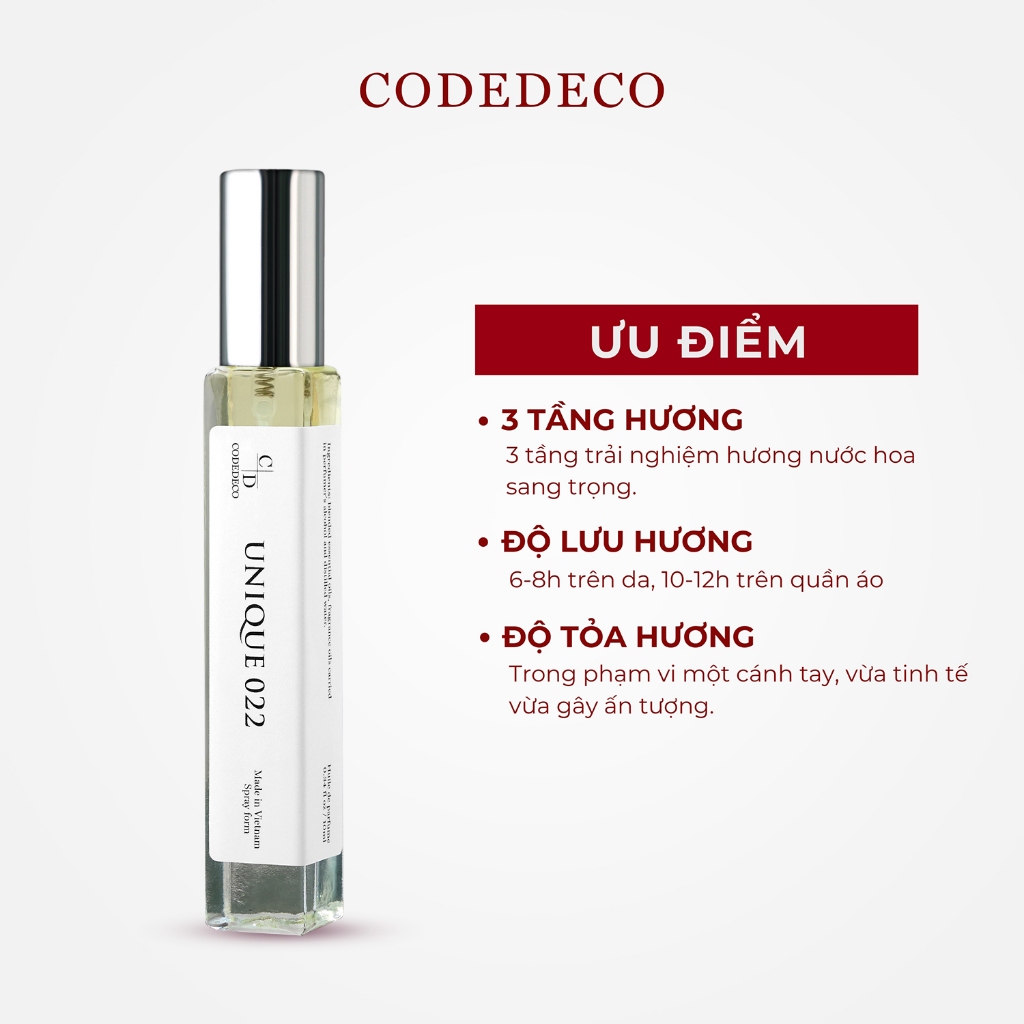 Tinh dầu nước hoa CODEDECO Unique 022 10ml dạng xịt