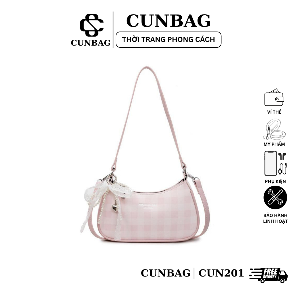 (Giao Hàng Sau Tết) Túi xách nữ đeo chéo kẻ caro kèm charm nơ tym ngọc dễ thương CUN201