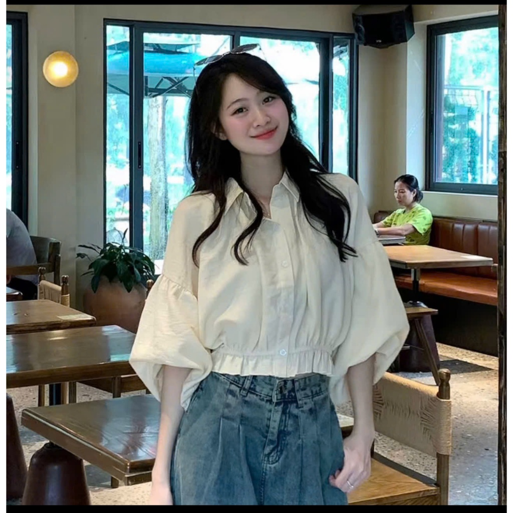 Áo sơ mi nữ nhún eo vải đũi vân mây thời trang TEESTORE, áo kiểu nữ form chuẩn S M, phong cách thanh lịch, trẻ trung