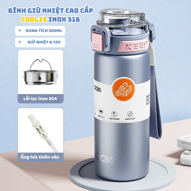 Bình Giữ Nhiệt COOLIS 500ml Cao Cấp Inox 316 Giữ Nhiệt 6-12h Có Rây Lọc Trà Và Ống Hút Kèm Dây Xách