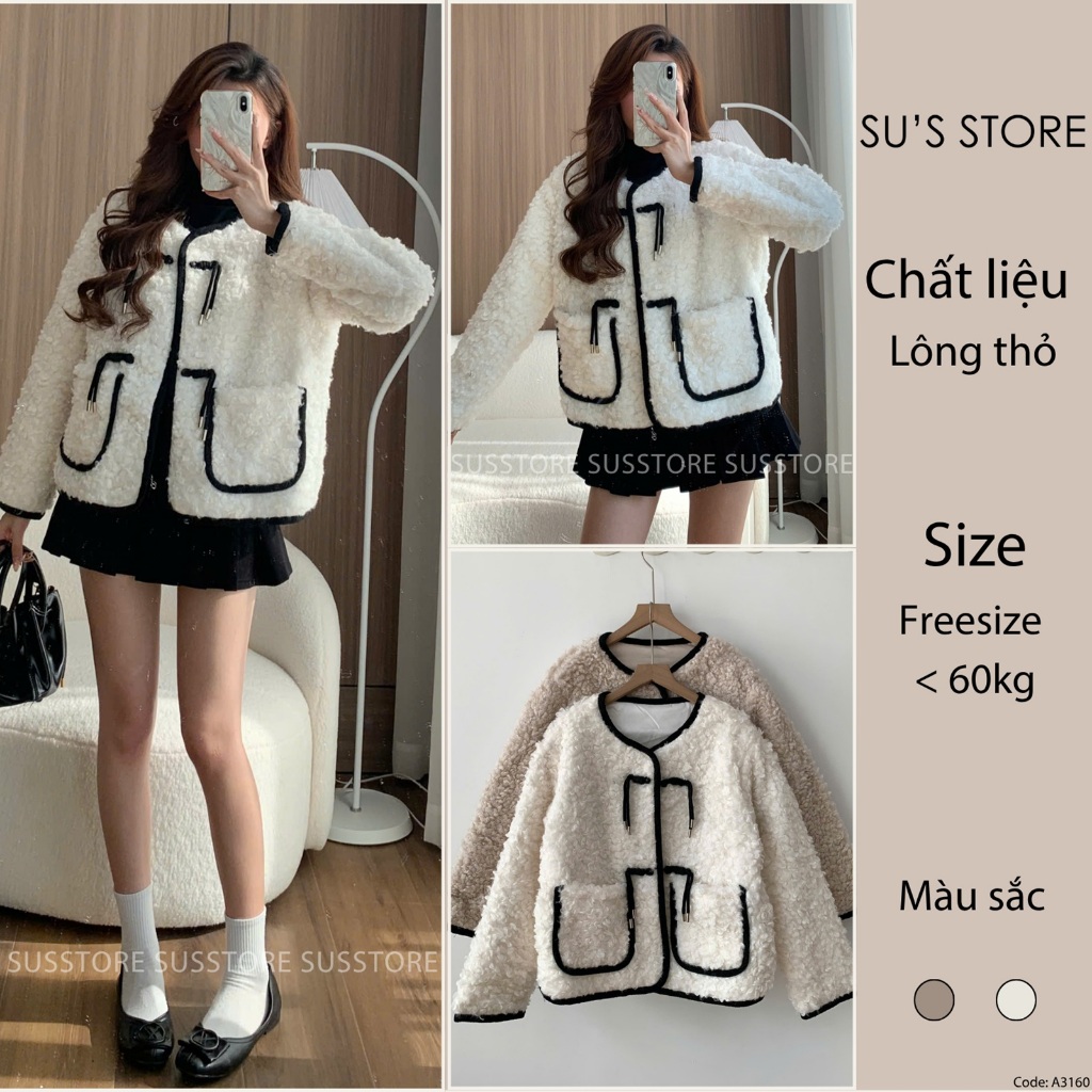 (Hàng QC Loại 1) Áo Lông Xoăn Pha Viền Dây Cài Túi Vuông A3160 Susstore Thời Trang Nữ