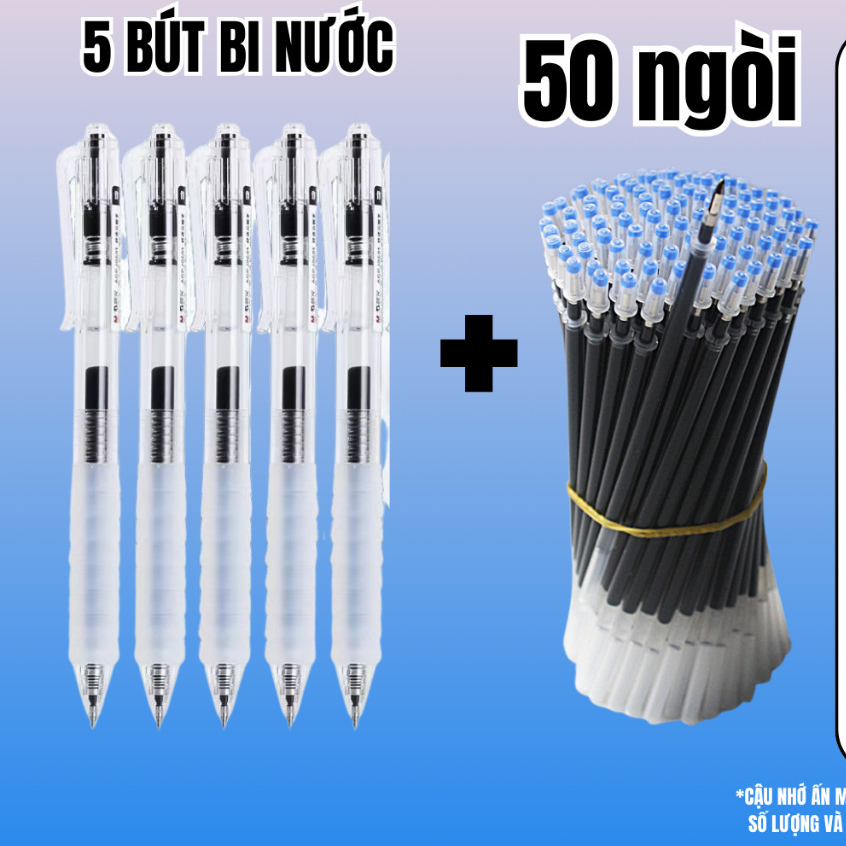 COMBO 5 bút gel + 50 ngòi bút gel bấm 11cm 0.5mm, ruột bút ST tiêu chuẩn giá rẻ