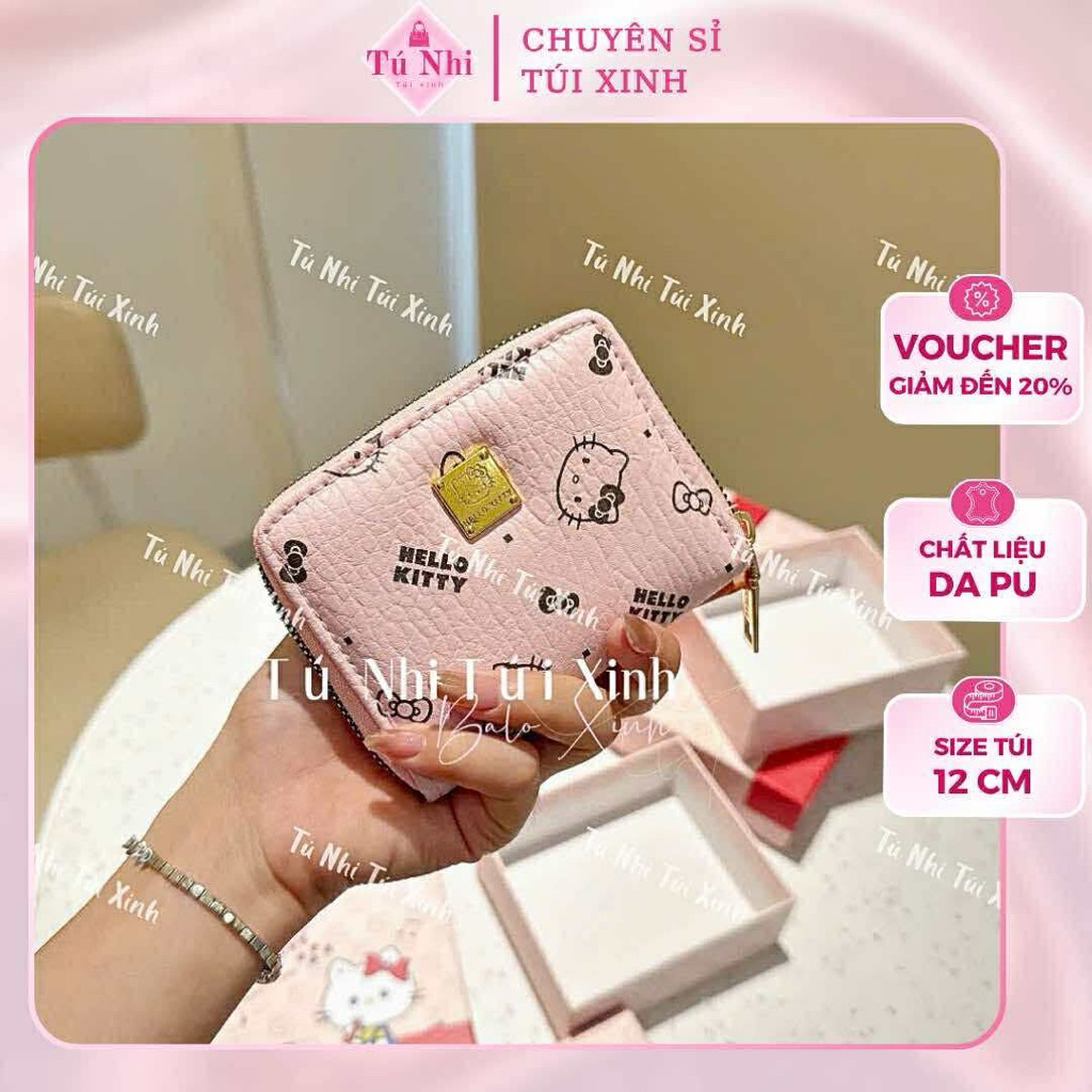 Ví cầm tay , ví đựng tiền chất da PU hoạ tiết mèo kity size 12 và size 18 siêu nhiều ngăn tiện lợi