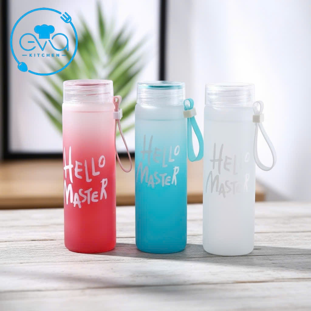Bình Nước Thủy Tinh Gradient HELLO MASTER 450ml – Màu Pastel Thân Mờ Hàn Quốc
