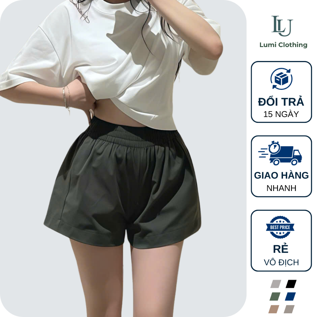 Quần Đùi Nữ Vải Mềm Mặc Ở Nhà, Quần Short Phồng Ống Rộng Cạp Chun Cao Màu Rêu Vải Kaki Cotton Thoáng Mát-QS001