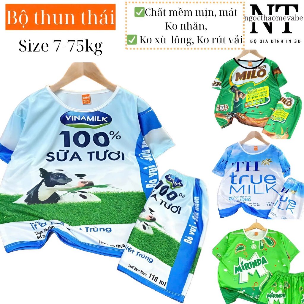 (7-75kg) Đồ bộ thun SỮA VINAMIILK chất thun thái in 3D mềm, mịn, mát, không nhăn, k xù lông, k bay màu