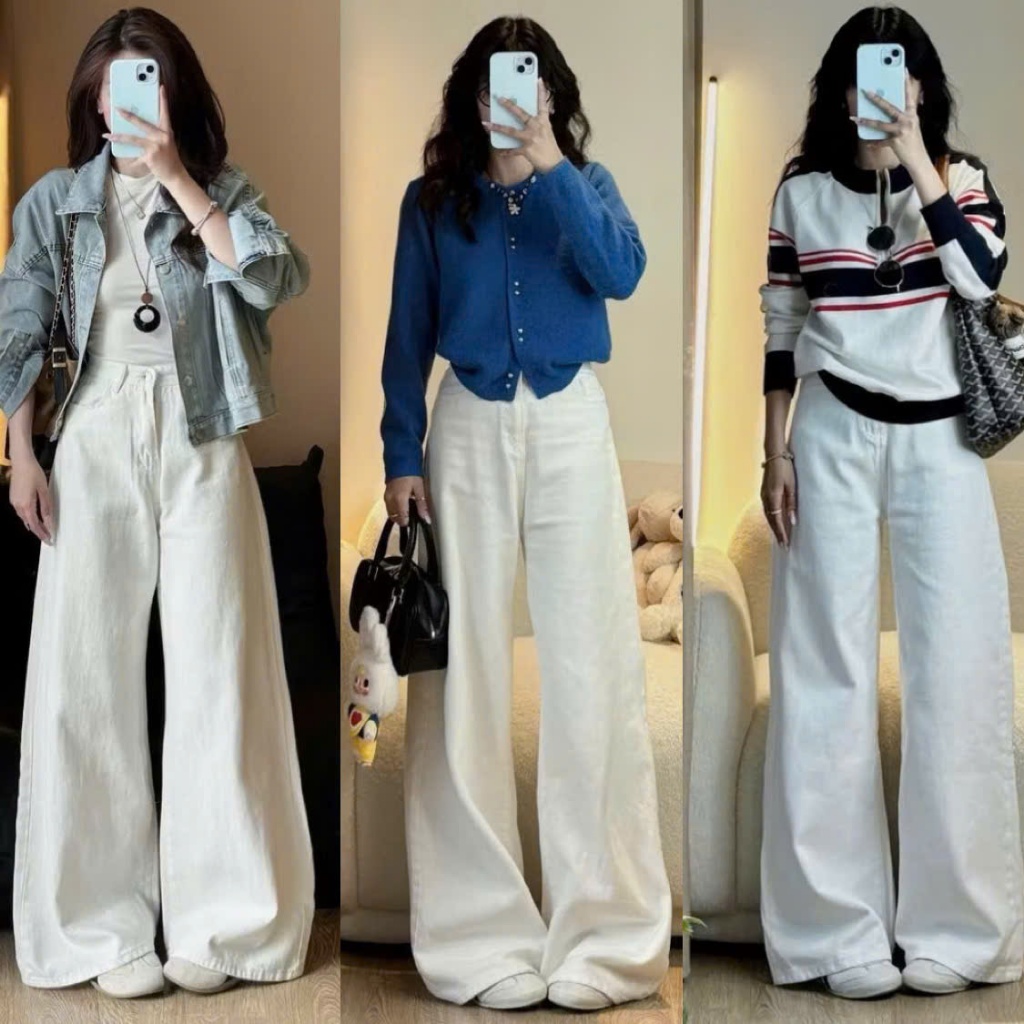 Quần Jean Nữ Ống Rộng 28-33cm Trắng CẠP CAO chất Jean dày dặn tôn dáng Basic BIGSIZE
