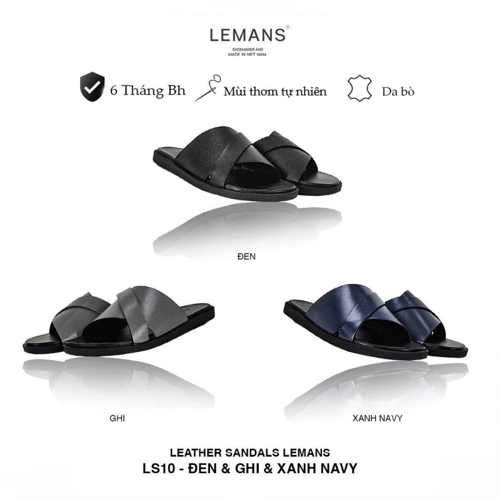 Dép quai ngang cách điệu 3.LS10 LEMANS da bò, đế cao su có mùi thơm, thiết kế quai da 3 lớp chính hãng, Bảo hành 06T