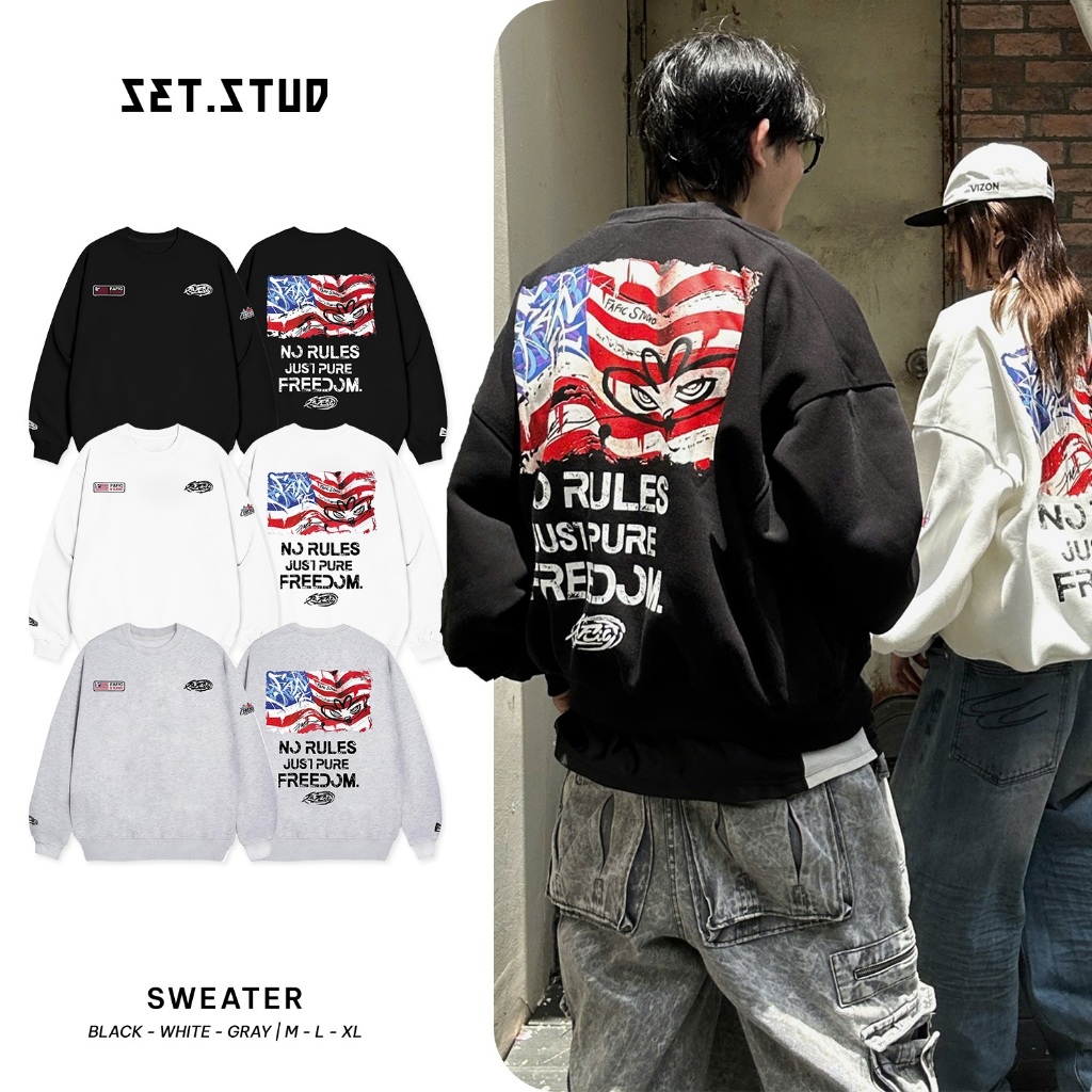 Áo Sweater Freedom Form Rộng Boxy Nỉ Bông 380gsm Nam Nữ, Áo Dài Tay, Cổ Tròn Thu Đông - SetStore