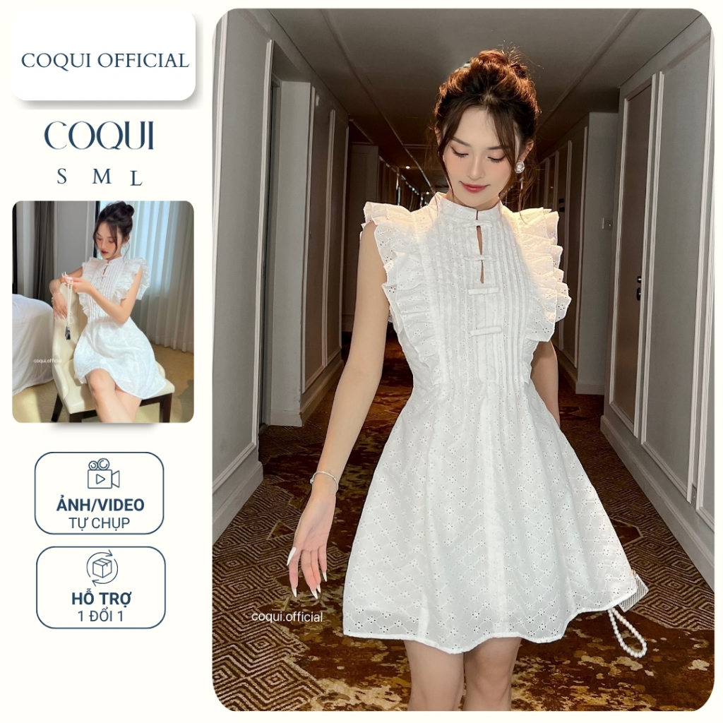 COQUI - Váy trắng bèo vai cổ cao đính nơ dáng ngắn thêu hoa tiểu thư thanh lịch Rosa Dress
