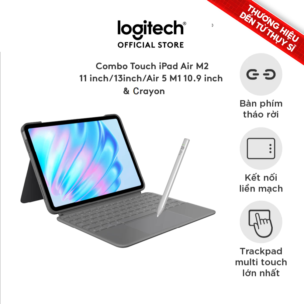 Bao da kèm bàn phím Logitech Combo Touch cho iPad Air 11 inch (M2 & M3), iPad Air 13 inch (M2) & Bút Logitech Crayon