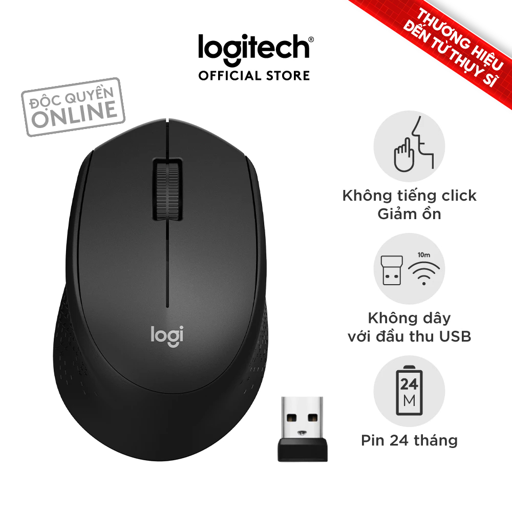 Chuột không dây Logitech M330 Silent Plus - Giảm ồn, USB, thuận tay phải, PC/ Laptop
