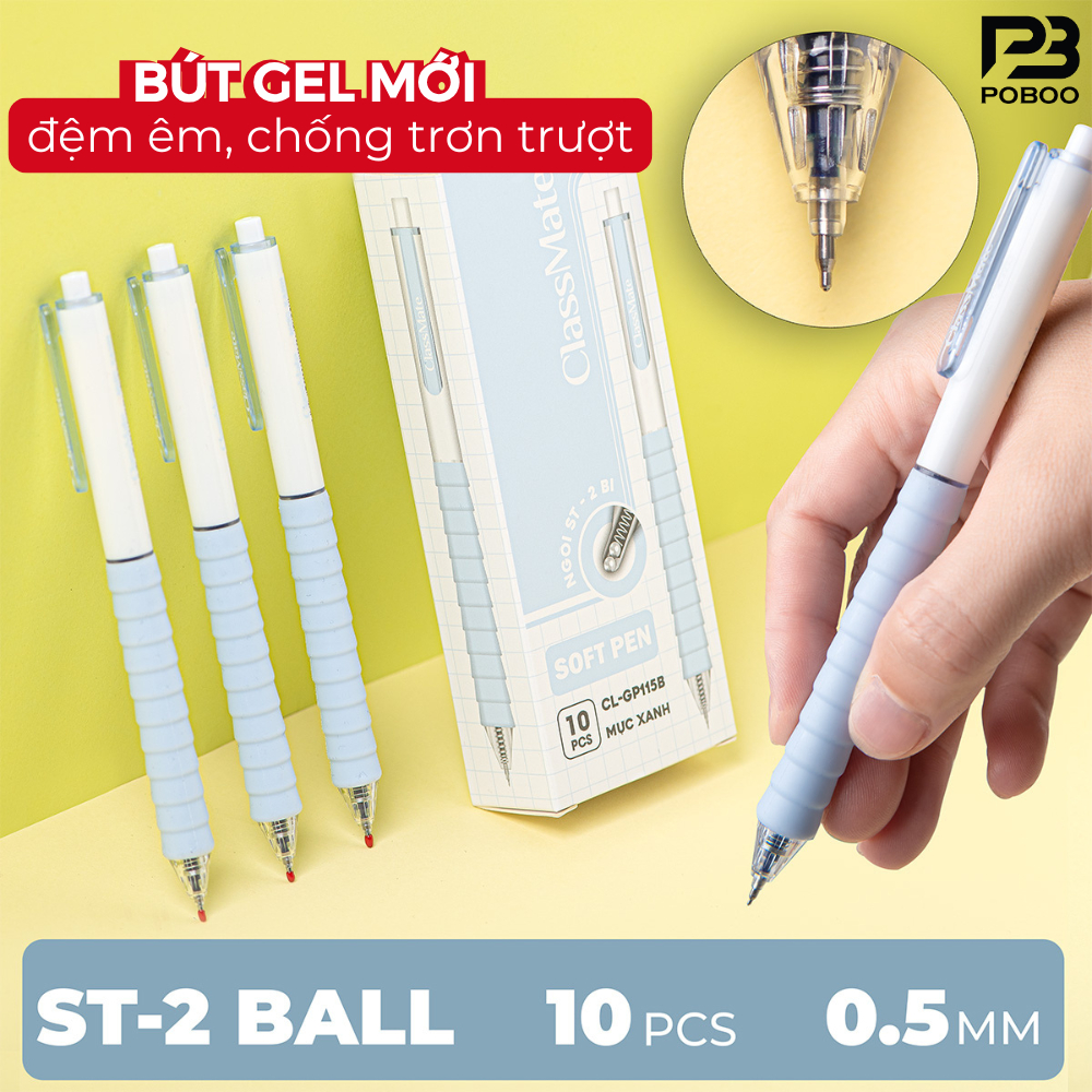 [Mực Nhanh Khô] Hộp 10 Bút Gel Bấm ClassMate Ngòi ST 2 Bi Siêu Trơn, Mực Nhanh Khô Dạng Bấm Mực Xanh Đen