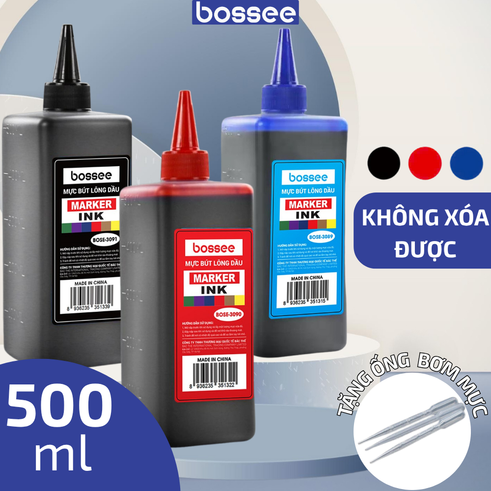 Hộp 500ml Mực Đổ Bút Lông Dầu Bossee - Không Xóa Được Không Phai Nhanh Khô 3 Màu Mực Xanh/Đen/Đỏ