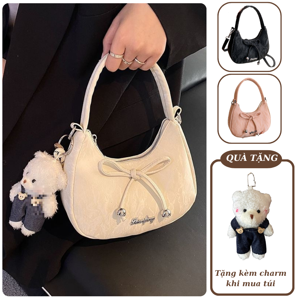 Túi đeo chéo nữ thời trang YUMI túi xách tay size 20cm đính nơ kèm móc gấu dễ thương MK357