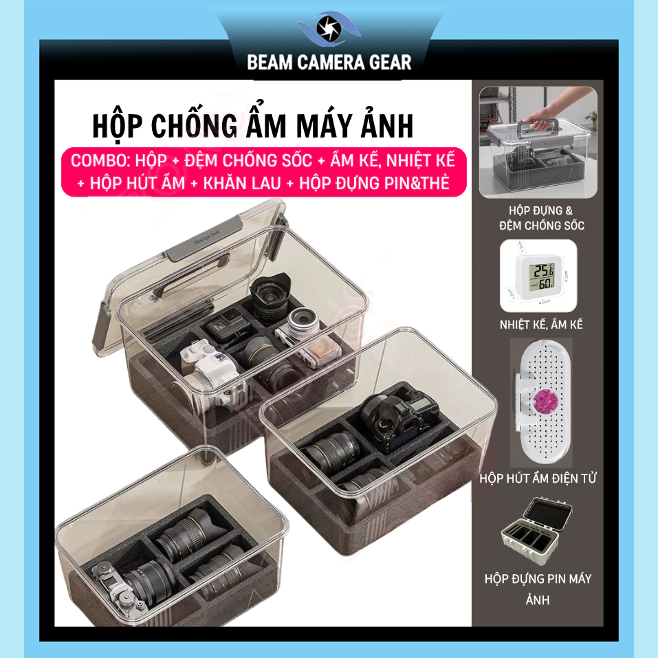 Combo hộp chống ẩm máy ảnh DSLR, Mirrorlessi, Bridge, Compact chuyên dụng 6 trong 1 - Hộp, đệm chống sốc, ẩm kế, hút ẩm