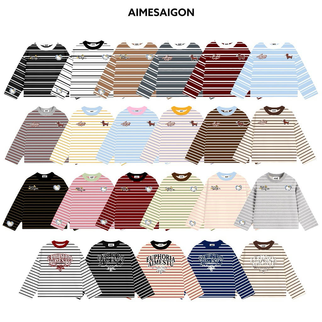 Aimesaigon Áo Thun Tay Dài Sọc Ngang Thun Borip QC Long Sleeve Boxy AIMÉ Form Rộng Cổ Tròn 