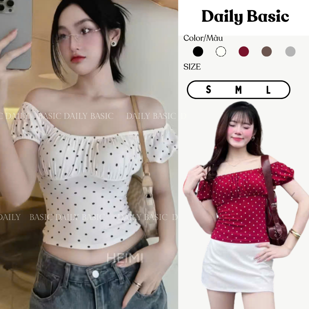 Áo Thun Nữ Tay Bồng Chấm Bi Nhún Ngực Viền Chun Nhẹ Nhàng Nữ Tính, Áo Kiểu Chấm Bi Nữ Chất Thun Cotton Co Giãn Daily Bas