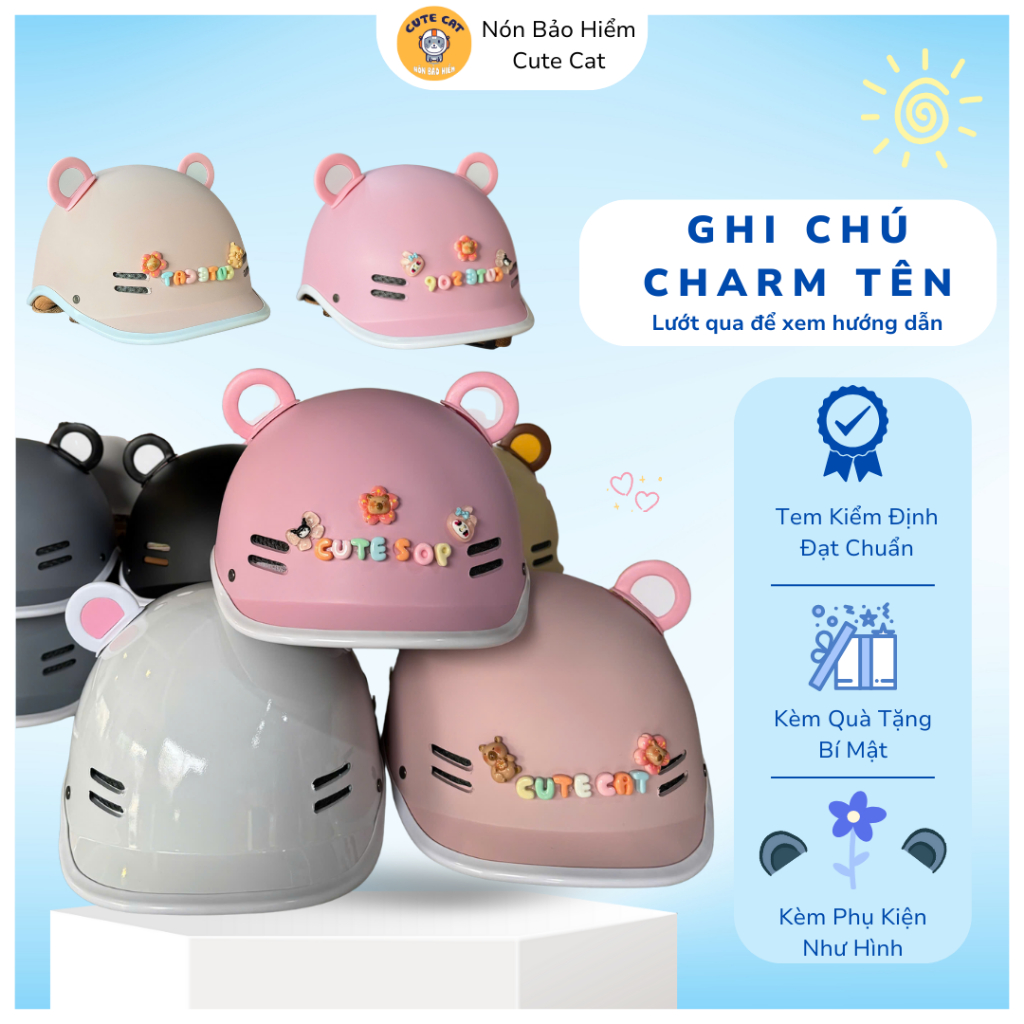 (ĐẠT CHUẨN KÈM CHARM TÊN) Nón Bảo Hiểm Cá Heo Hottrend Chất Lượng Cao Cấp Tem Kiểm Định Đạt Chuẩn Kèm Phụ Kiện Cute Cat