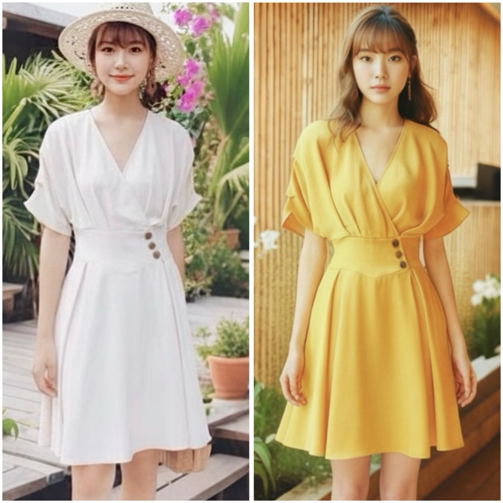 Đầm xoè cổ tim phối nút cách điệu 2 màu, váy dạo phố du lịch (kèm hình thật)