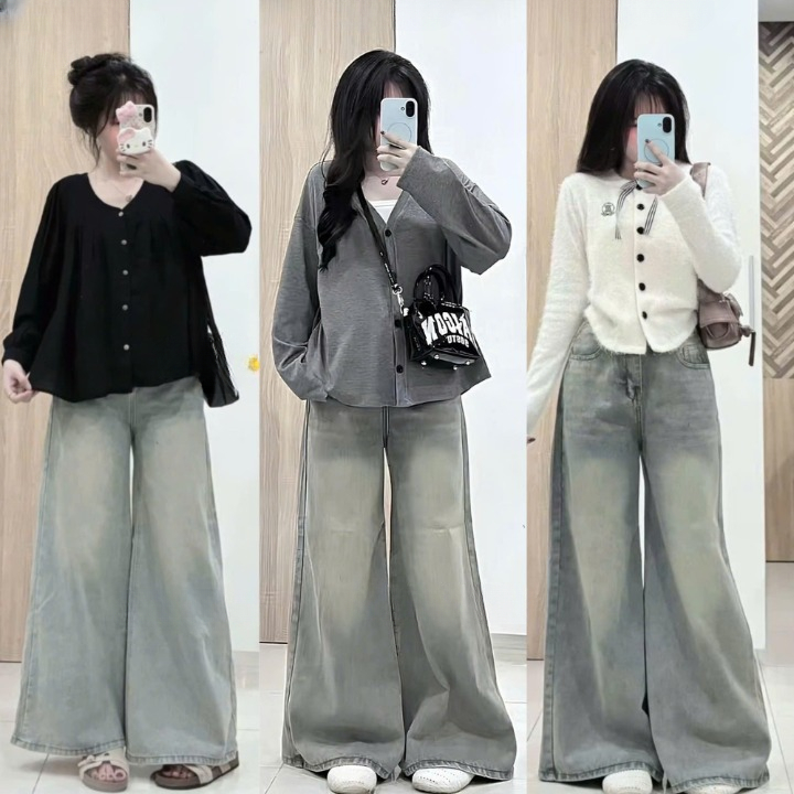 Quần jean bò ống suông rộng ống 33 cm jeans cạp cao phong cách style NAGUU