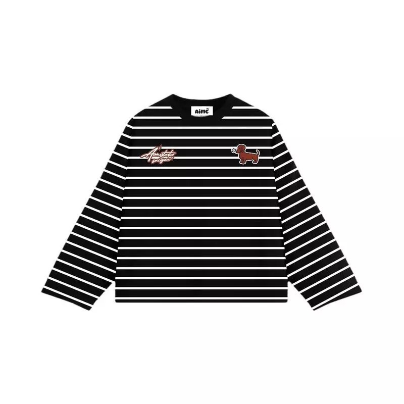 Áo Thun Tay Dài Kẻ Sọc Unisex Họa Tiết Cún Xinh, Form Rộng Boxy Long Sleeve Cổ Tròn Dễ Phối Phong Cách Hàn Quốc