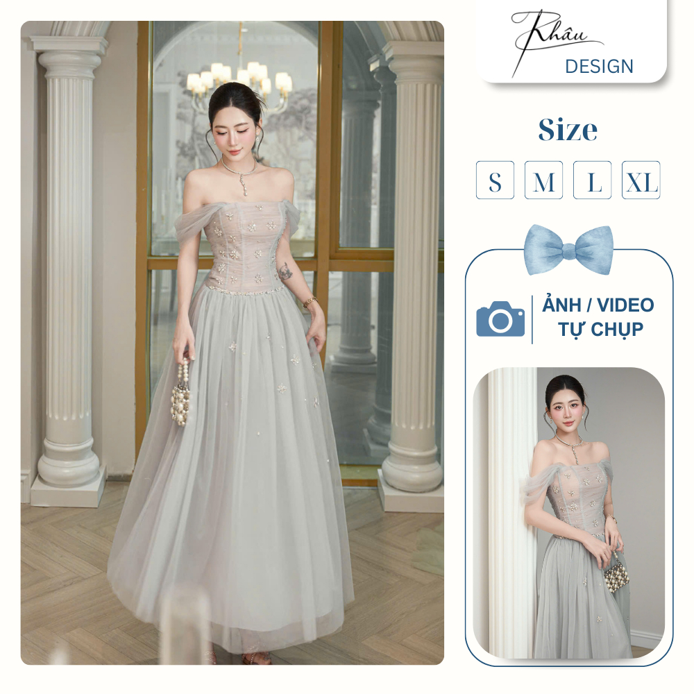 Đầm Nữ Đi Tiệc KHÂU Design, Váy Nữ Dự Tiệc Trễ Vai Xoè Voan Bồng Bềnh Đính Đá - K800