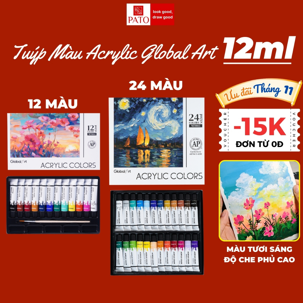 Màu Nước Acrylic Tuýp 12ml GLOBAL ART 12 24 Màu Tươi, Chống Nước, Chồng Được Màu, Vẽ Trên Nhiều Chất Liệu Độ Che Phủ Cao