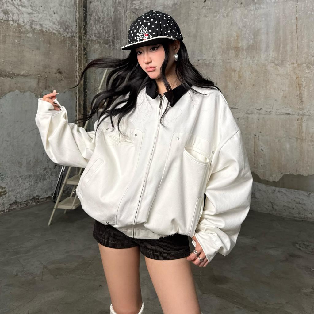 YC1996 - Áo Khoác Kaki Zip Kéo Phối Cổ 2 Màu Basic Đơn Giản Local Brand Unisex