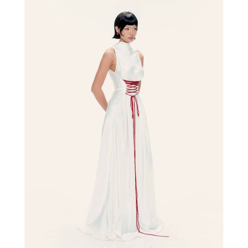 Normallife | DRESS 22 | Váy lụa cổ cao phối dây đan eo (tặng kèm dây đỏ)