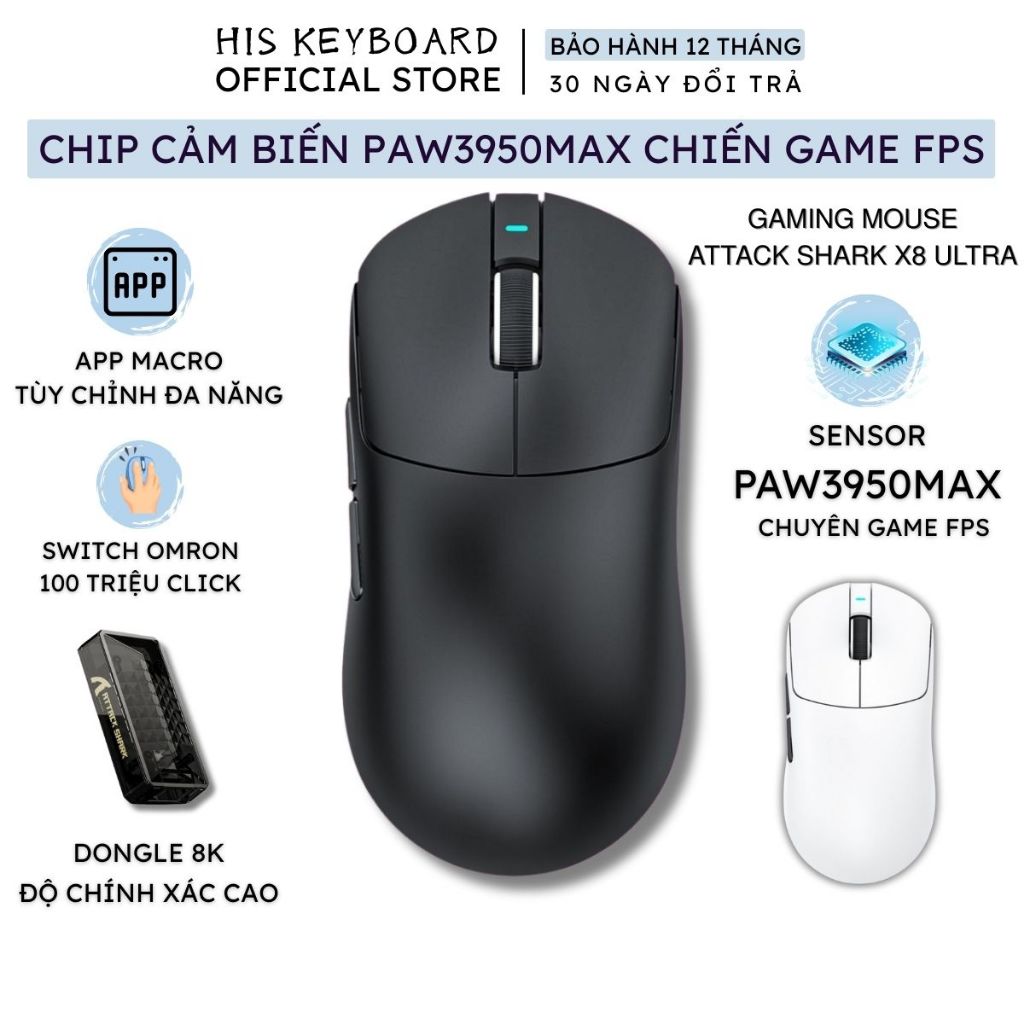 Chuột Không Dây Chuyên Gaming Attack Shark X8 Ultra Chip PAW3950MAX From Đối Xứng Switch Omron App