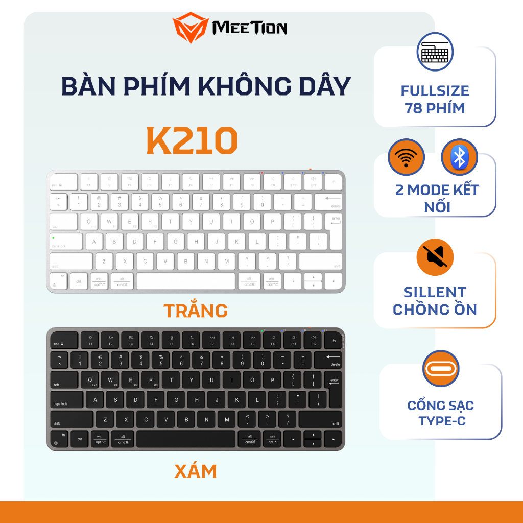 Bàn phím không dây Meetion iKey K210 không ồn 2 mode kết nối Bluetooth 2.4G pin sạc cổng type C