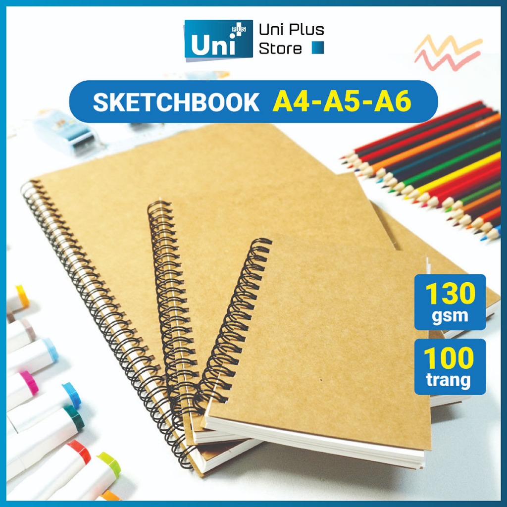Sổ Sketchbook A4 - A5 - A6 100 trang dày 130gsm – Sổ Tay Vẽ Chì Phác Thảo, giấy kem mịn, độ nhám nhẹ giúp bám chì tốt