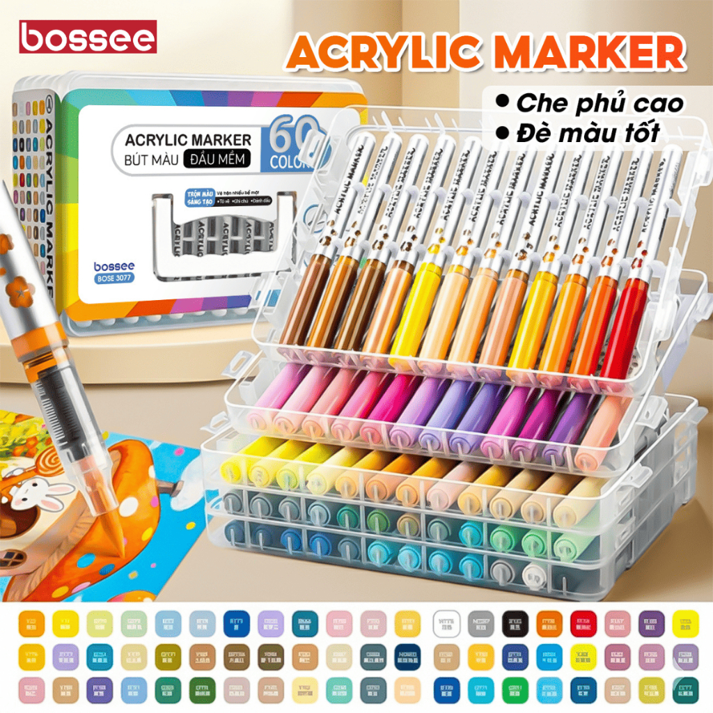 Hộp 120 Màu Acrylic Marker Rollor Đầu Mềm Bossee Nổi Bật Trên Mọi Chất Liệu DIY Đè Màu Che Phủ Tốt