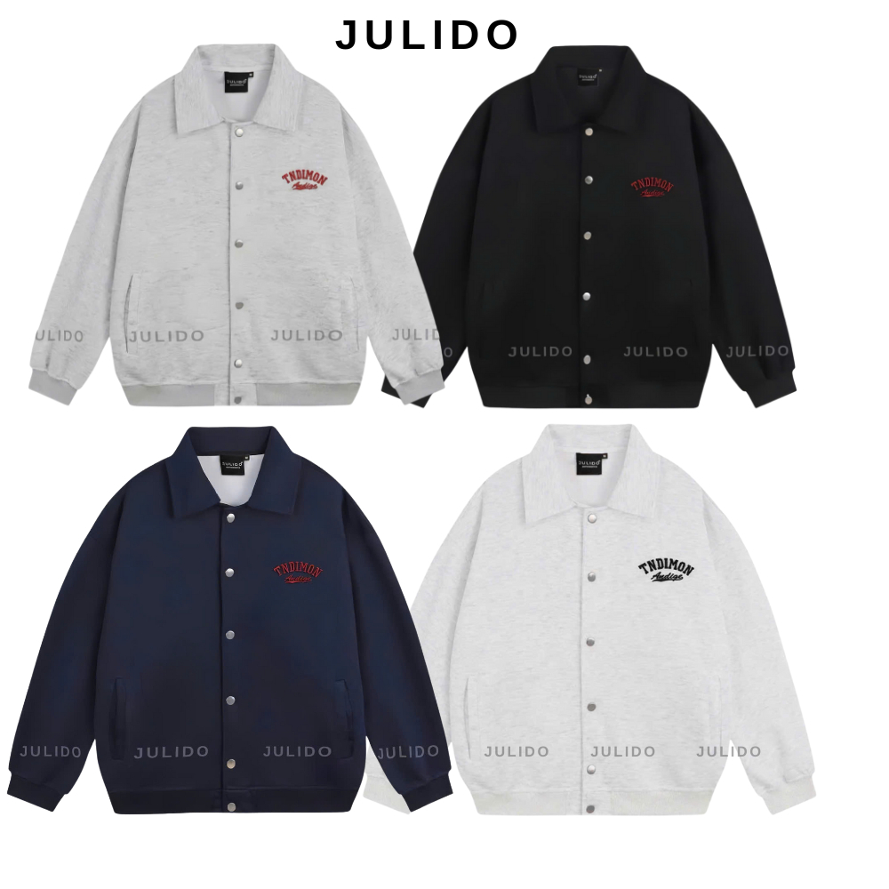 Áo Khoác Bomber Cổ Bẻ Cúc Bấm Thêu Chữ Ngực Chất Liệu Nỉ 2 Da Cao Cấp